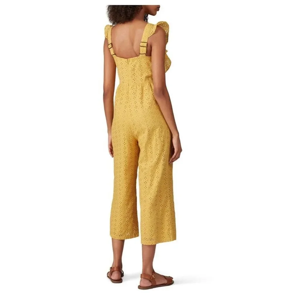 MinkPink My Friend Yellow Eyelet Flutter Sleeve Crop Jumpsuit Size XS - Picture 2 of 8